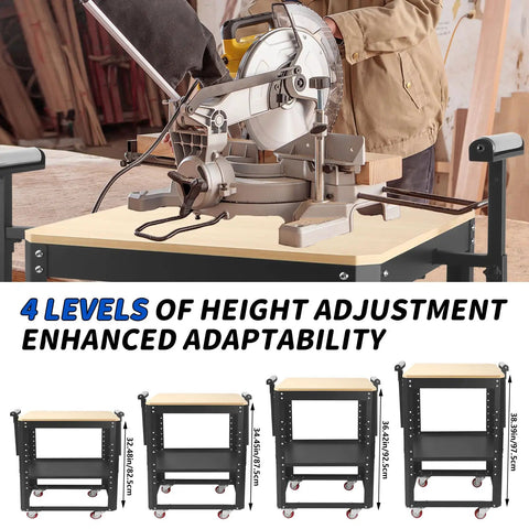 Shop Ready Heavy Duty Rolling Planer Stand With Height Adjustable Platform and Smooth Extension Rollers For 550 Lb Shop Floor Capacity Plus Massive Double Layer Tool Cart Built For Saws And Gear showing height adjustment levels.