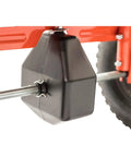 Close-up of the axle and rod control mechanism on Push Broadcast Spreader 130 Lb Hopper Capacity Easy To Use Direct Rod Control