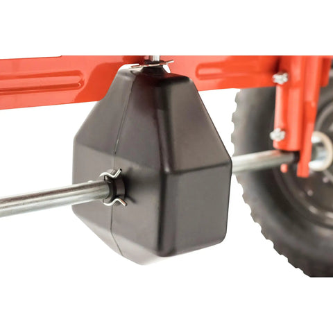 Close-up of the axle and rod control mechanism on Push Broadcast Spreader 130 Lb Hopper Capacity Easy To Use Direct Rod Control