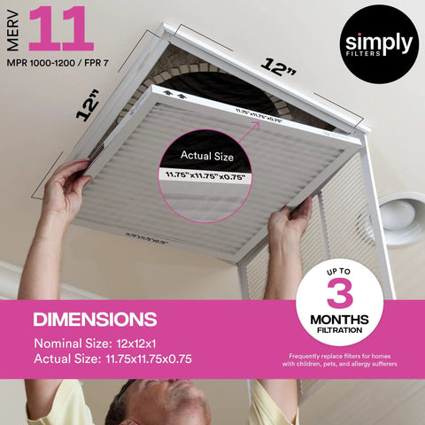 Person installing 12x12x1 Air Filter for HVAC Systems MERV 11 MPR 1000, showing actual size 11.75x11.75x0.75 and 3-month filtration