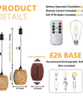 2 Pack Battery Operated Handwoven Natural Rattan Chandeliers Egg Shaped Boho Pendant Lights with remote control and bulb size comparison.