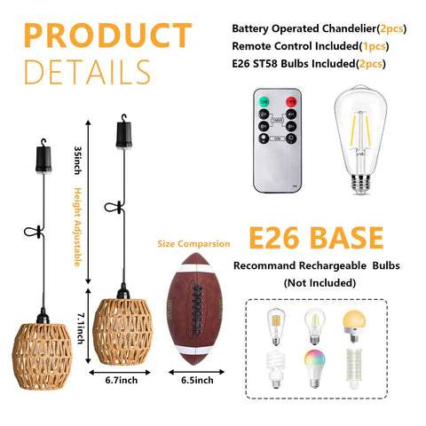 2 Pack Battery Operated Handwoven Natural Rattan Chandeliers Egg Shaped Boho Pendant Lights with remote control and bulb size comparison.