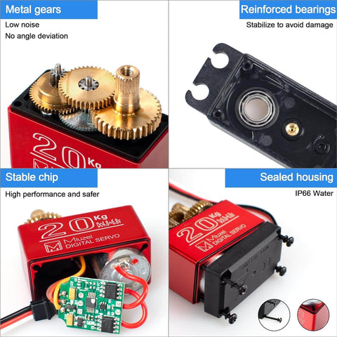 Close-up of 20Kg High Torque Digital Servo with waterproof metal gears and reinforced bearings for RC cars and robots, DS3218 model.