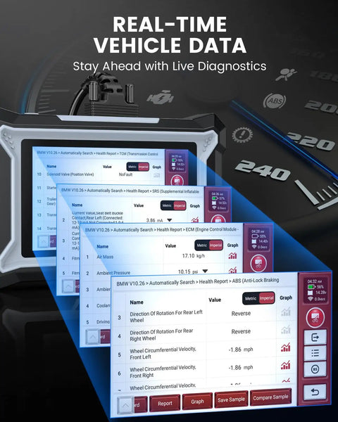 DS100 OBD2 Scanner displaying real-time vehicle data diagnostics interface with touchscreen.