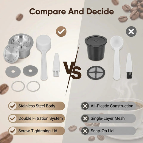 Comparison of Double Filter Stainless Steel Reusable Coffee Pods With Fast Twist Screw Switch and all-plastic version.