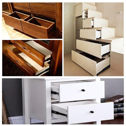 Heavy Duty 12 Inch Full Extension Ball Bearing Drawer Slides Built Like A Tank For Rock Solid Performance And Silky Smooth Glide Top Tier Cabinet Hardware Kit Ready To Install shown in various installations of drawers.
