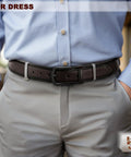Men's Genuine Leather Belt For Dress Casual And Golf Looks, One And Three Eighths Inch Wide, Sauce Coffee Color, worn with dress pants