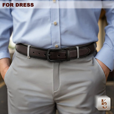 Men's Genuine Leather Belt For Dress Casual And Golf Looks, One And Three Eighths Inch Wide, Sauce Coffee Color, worn with dress pants