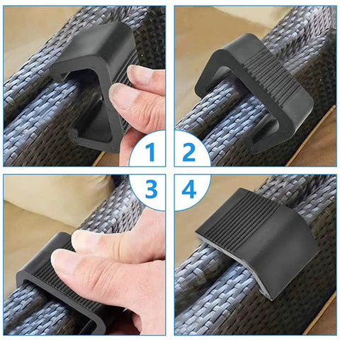 KobeIeen 10 Pack Outdoor Furniture Clips securing rattan chair with close-up on durable, rust-resistant design