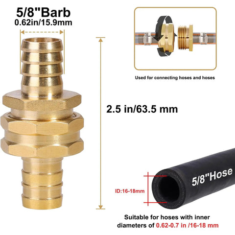 Heavy Duty Hose Repair Connector Kit With Brass Fittings And Stainless Clamps To Fix Leaks Fast On Standard 3/4 Inch Garden Hoses Easy Setup For DIY Plumbing Pros And Homeowners Who Need A Solid Fix Today. Brass 5/8 barb hose connector with clamp sizes shown