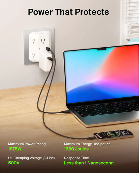 Six Outlet Surge Protector Power Strip With USB C And USB A Ports For PD Fast Charge ETL Listed Wall Mountable 1680 Joules