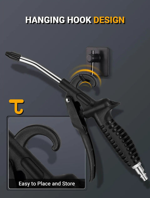 High Flow Air Blow Gun With Rubber Guard, Bent Angle Jet Nozzle, 1/4 Inch Quick Plug, showing hanging hook design