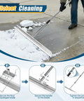 Industrial Floor Squeegee With 33.4 Inch Extra Large Blade And 63 Inch Stainless Handle For Concrete And Tough Cleaning Jobs Anti Splash Curved Baffle For Garage And Factory in use on concrete surface with snow removal.