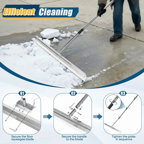 Industrial Floor Squeegee With 33.4 Inch Extra Large Blade And 63 Inch Stainless Handle For Concrete And Tough Cleaning Jobs Anti Splash Curved Baffle For Garage And Factory in use on concrete surface with snow removal.