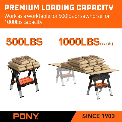 Your Go-To Portable Folding Work Table 2-In-1 Sawhorse And Workbench For DIY Projects with 500lb workbench and 1000lb sawhorse load