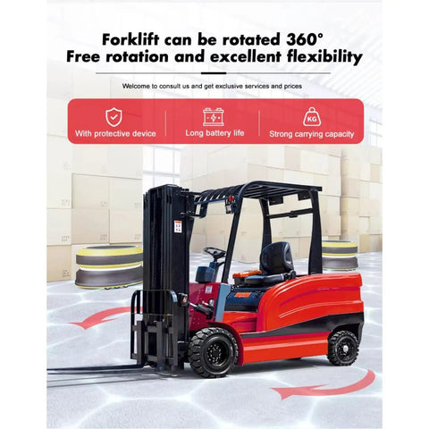 Heavy Duty Industrial Electric Forklift With Precision Steering, 4-Way Counterbalance Pallet Stacker rotating 360°, designed for warehouse flexibility.