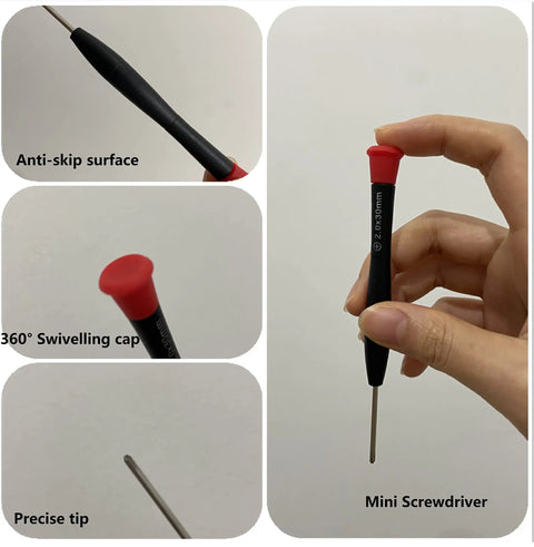 Eyeglasses And Sunglasses Repair Kit With Screws Tweezers Screwdrivers And Stainless Steel Nuts Includes 13 Screw Sizes Handy Multi Tool Gear For Glasses Watches Jewelry And Electronics Easy To Use Must Have showing mini screwdriver with anti-skip surface, 360° swivelling cap, and precise tip.
