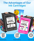 64XL Ink Cartridges Black And Color Combo Pack For 64 High Yield Replacement 2 Pack For Envy Inspire and Tango printers displayed.