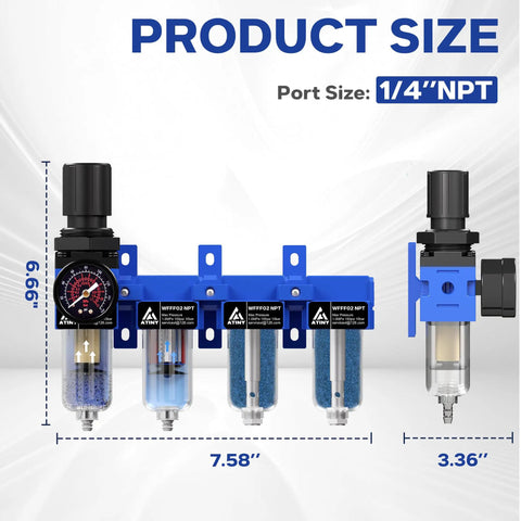 Front view of Four Stage One Quarter Inch NPT Industrial Compressed Air Dryer With Brass Filter And Coalescing Filter, Dual Desiccant Dryers, Air Regulator, Metal Bowl, Semi Auto Drain, Heavy Duty Workhorse Blue