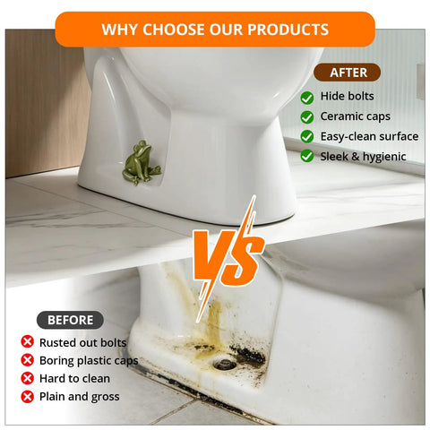 Comparison of toilet with Six Piece Ceramic Frog Toilet Bolt Cover Set Includes Universal Screw Caps With Washers, showcasing cleanliness and style.