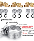 Solid Brass Garden Hose Repair Connector Kit With Clamps For Male And Female Fittings Five Eighth Inch US Thread Three Piece Set Includes Three Male And Three Female Ends With Stainless Steel Clamps And Rubber Gaskets No Leak, shown with components displayed.