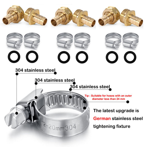 Solid Brass Garden Hose Repair Connector Kit With Clamps For Male And Female Fittings Five Eighth Inch US Thread Three Piece Set Includes Three Male And Three Female Ends With Stainless Steel Clamps And Rubber Gaskets No Leak, shown with components displayed.