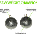 4 Oz Round Cannonball Lead Sinker Weights with Metal Loop for Sinker Sliders, 10 Pack shown with polished lead finish