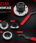 Upgrade your Shop Game With This Awesome Nakkaa ER32 Collet Chuck, 80mm Big Diameter And Insane Precision For Your CNC Milling Machine Setup showing top, side, bottom views and included wrench.