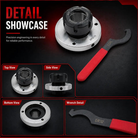 Upgrade your Shop Game With This Awesome Nakkaa ER32 Collet Chuck, 80mm Big Diameter And Insane Precision For Your CNC Milling Machine Setup showing top, side, bottom views and included wrench.