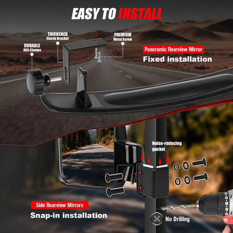 Universal Golf Cart Mirrors Offering HD Wide Angle Shatterproof Glass And Totally Legit No Drill Mount showing installation details.