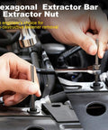 Heavy Duty 55 Piece Screw And Bolt Extractor Set With Multi Spline Bits And Drill Bits For Removing Damaged Frozen Rusted Rounded Off Bolts And Screws Industrial Grade CR MO Steel For Home And Shop in use on a metal component.