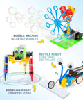 6 In 1 STEM Robotics Kit For Kids 8 To 13 with reptile robot, bubble machine, doodling robot, and fiber lamp parts displayed