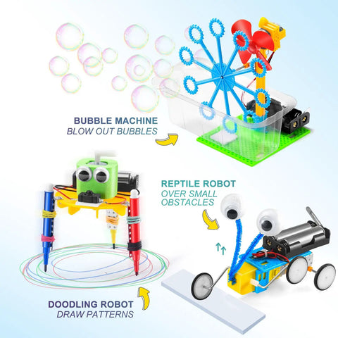 6 In 1 STEM Robotics Kit For Kids 8 To 13 with reptile robot, bubble machine, doodling robot, and fiber lamp parts displayed