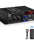 Front view of Beefy Bluetooth 5.0 HiFi Stereo Amplifier with 400W and 400W peak power, including USB SD AUX FM antenna and remote.