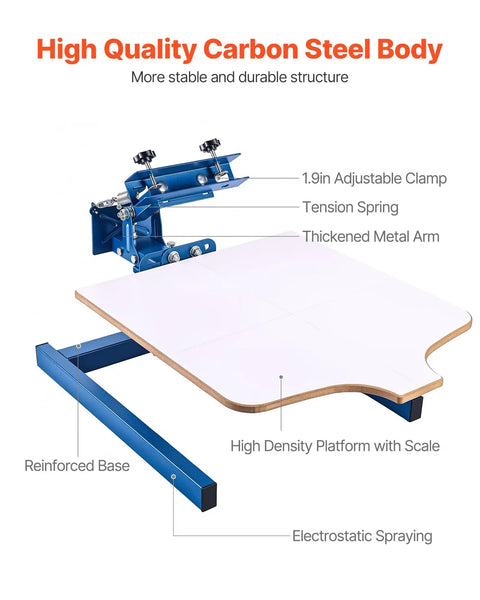 One Color One Station Silk Screen Printing Press for Tees and Garments, 21.3 by 17.7 inch adjustable carbon steel build