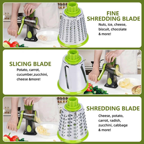 Ultimate Hand Crank Cheese Grater With Three Interchangeable Stainless Steel Drums For Cheese, Vegetables, And Fruits, Stable Suction Base For Easy Rotary Operation, Green Kitchen Must Have Chef Kiss, green hand-crank with drums