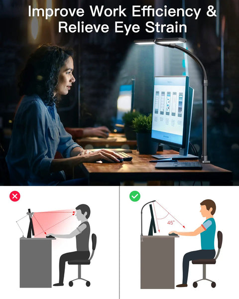 Game-Changing Double Head Desk Lamp With Clamp, 24W LED, 1200 Lumens beside computer monitors improving work efficiency