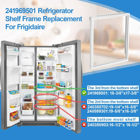 Open fridge with labeled shelf locations showing the upgraded 241969501 refrigerator shelf frame with glass for Frigidaire.