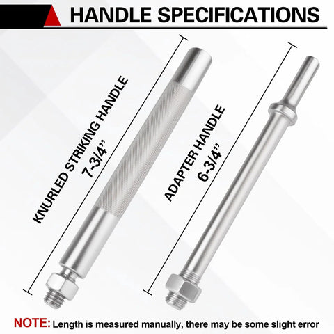 Side view of Jiimee ball joint separator tools: knurled handle (7.75 in) and adapter handle (6.75 in) with threaded ends