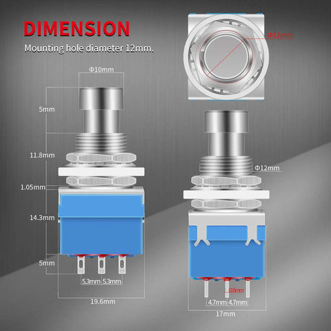 Dimensions of 14 Piece 3PDT Guitar Effect Pedal Footswitch Kit With 9 Pin Latching Stomp Push Button True Bypass Solder Lugs for DIY Pedals.