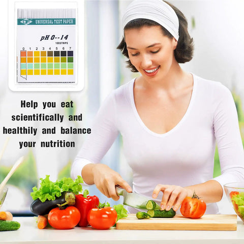 Woman slicing vegetables with PH Test Strips 0 to 14 Universal Litmus Test Paper With Storage Case For Saliva Urine Water Soil Testing