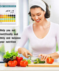 Woman slicing vegetables with 0-14 pH Test Strips Kit showing litmus readings, highlighting use for balanced nutrition.