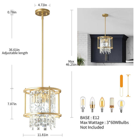 Modern Gold Crystal Foyer Chandelier With Round Metal Frame Adjustable Height Entryway Pendant Light For Dining Room Kitchen Island Glam Contemporary Ceiling Fixture That Elevates Your Vibe, max 46.25in, round frame, crystals visible