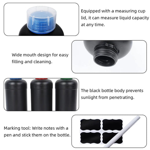 Close-up of Three 1000ml Darkroom Chemical Storage Bottles With Measuring Cups, showing black HDPE containers and labeling tools.