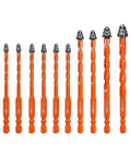 Ten orange BGTEC four-flute carbide masonry drill bits, 3/16 to 1/2 inch set for concrete and brick.