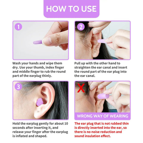 How to use Ultra Soft Foam Earplugs For Sleeping And Travel, 38dB Noise Reduction showing insertion steps
