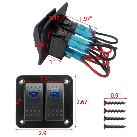 12-24V Boat Switch Panel Illuminated Rocker Switch Aluminum Prewired Dash Panel With 2 3 4 5 6 8 Gang Toggle Switches On Off 5 Pin LED Backlit IP65 Marine Grade Built For Boats Cars RVs Rig Ready showing dimensions and mounting screws