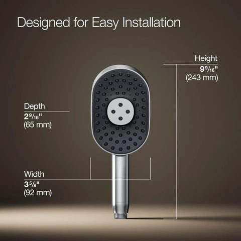 Front view of Statement Oblong Three Function Handshower With Soak And Restore Mode Katalyst Air Induction Tech in chrome.