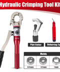 Hydraulic Copper Propress Tool For Fast 6 Ton Pipe Crimping In HVAC Pro Grade Multi Diameter Capability For Copper And Aluminum Tubes Ergonomic Grip For Quick Hex Crimps, with pipe cutter, deburring tool, and 3/4, 1/2, 1 inch molds
