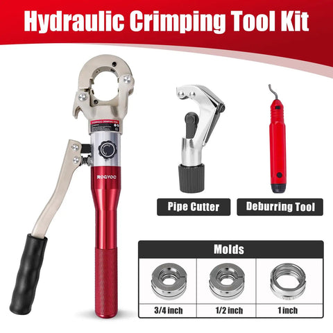 Hydraulic Copper Propress Tool For Fast 6 Ton Pipe Crimping In HVAC Pro Grade Multi Diameter Capability For Copper And Aluminum Tubes Ergonomic Grip For Quick Hex Crimps, with pipe cutter, deburring tool, and 3/4, 1/2, 1 inch molds